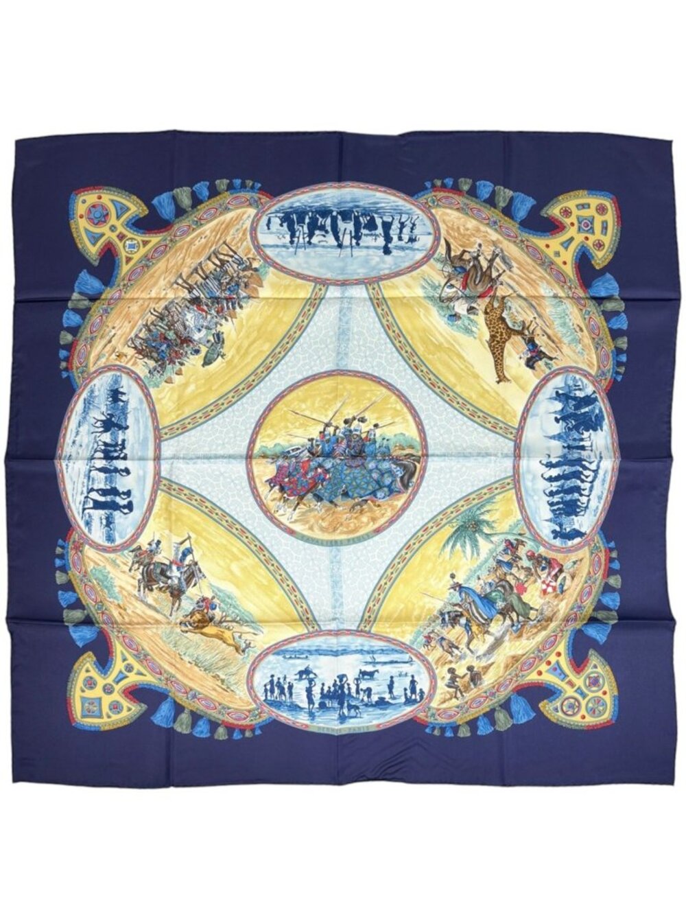 Hermes Carre 90 Cavaliers Peuls Scarf Poole Horsemen Silk Navy Multicolor